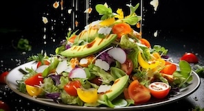 Here's an alt tag for the image: Delicious fresh salad with avocado and dressing.